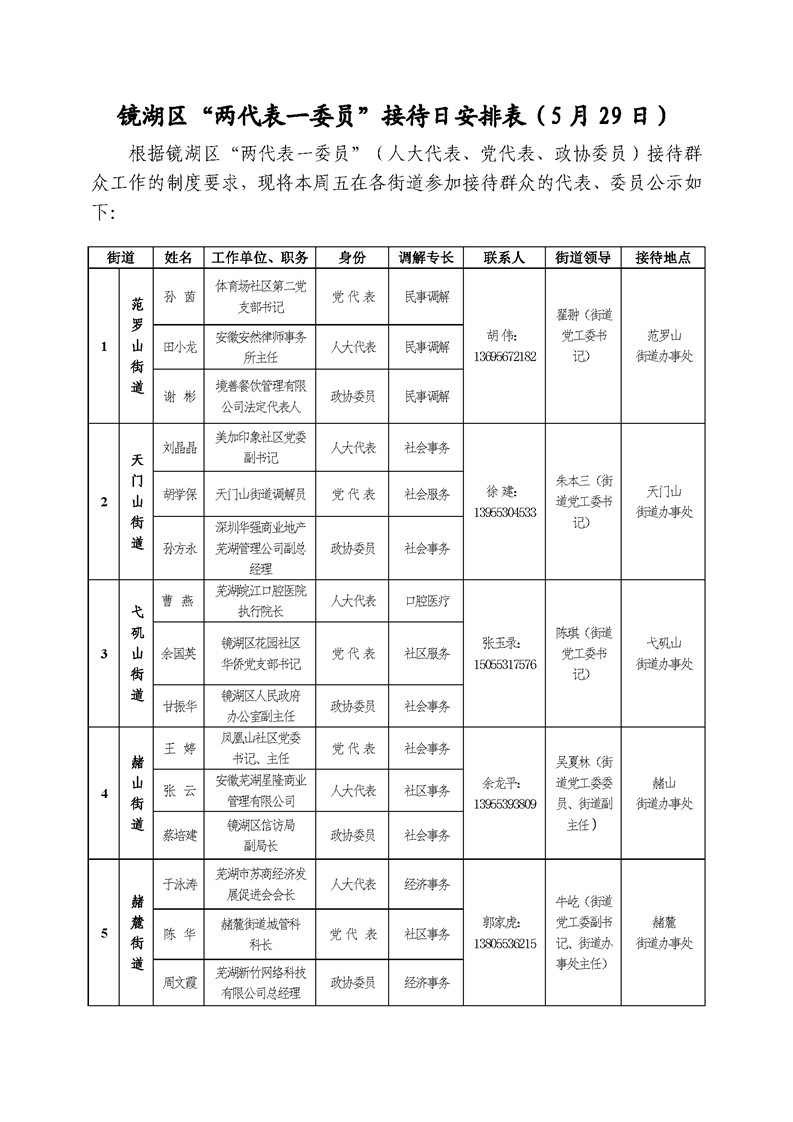 镜湖区两代表一委员接待日安排表5月29日